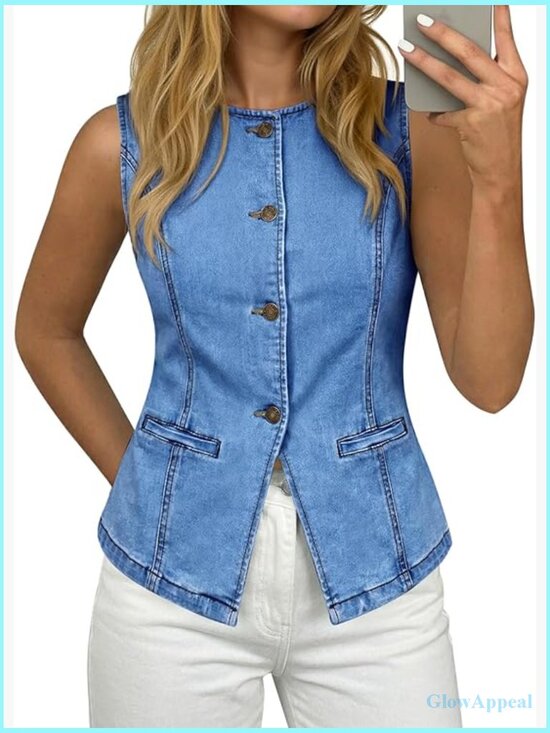Jackets & Blazers - Fitted Sleeveless Denim Vest Button Down Crew Neck Waistcoat Ladies Jean Tank